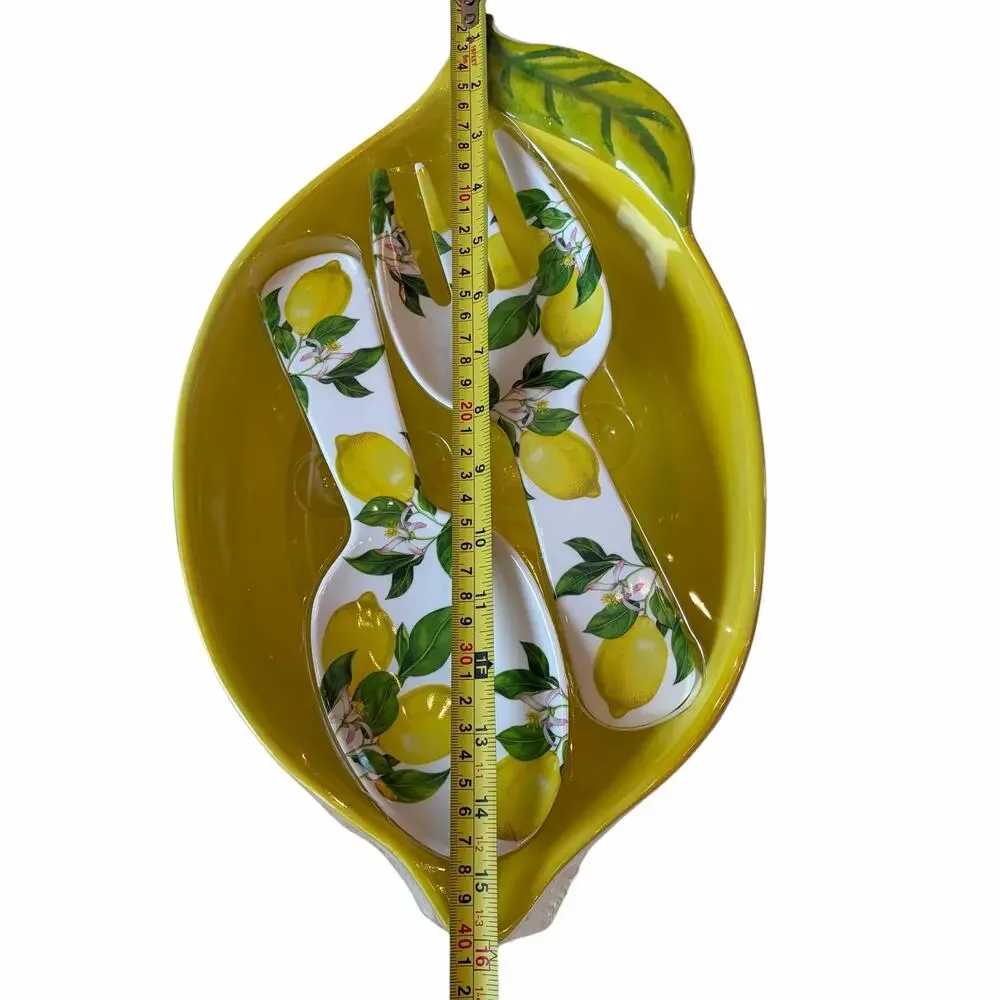 3pc Lemon Shaped Melamine Serving Bowl w/ Utensils Set 16x9.5 NEW